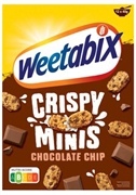 WEETABIX ONTBIJTGRANEN VAN VOLKOREN TARWE MET CHOCOLADE, VERRIJKT MET VITAMINES EN IJZER.